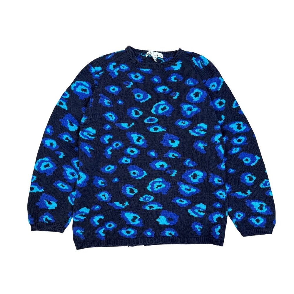 Vintage 80s/90s Glenn McMahon Blue Cheetah Print Knit Sweater – Oversized Retro